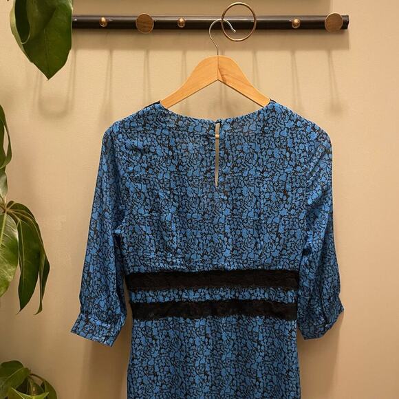 ADOR Floral Long Maxi Dress Blue | V Neck, Slit, Black Lace Trim, Small, NWT - Picture 5 of 10